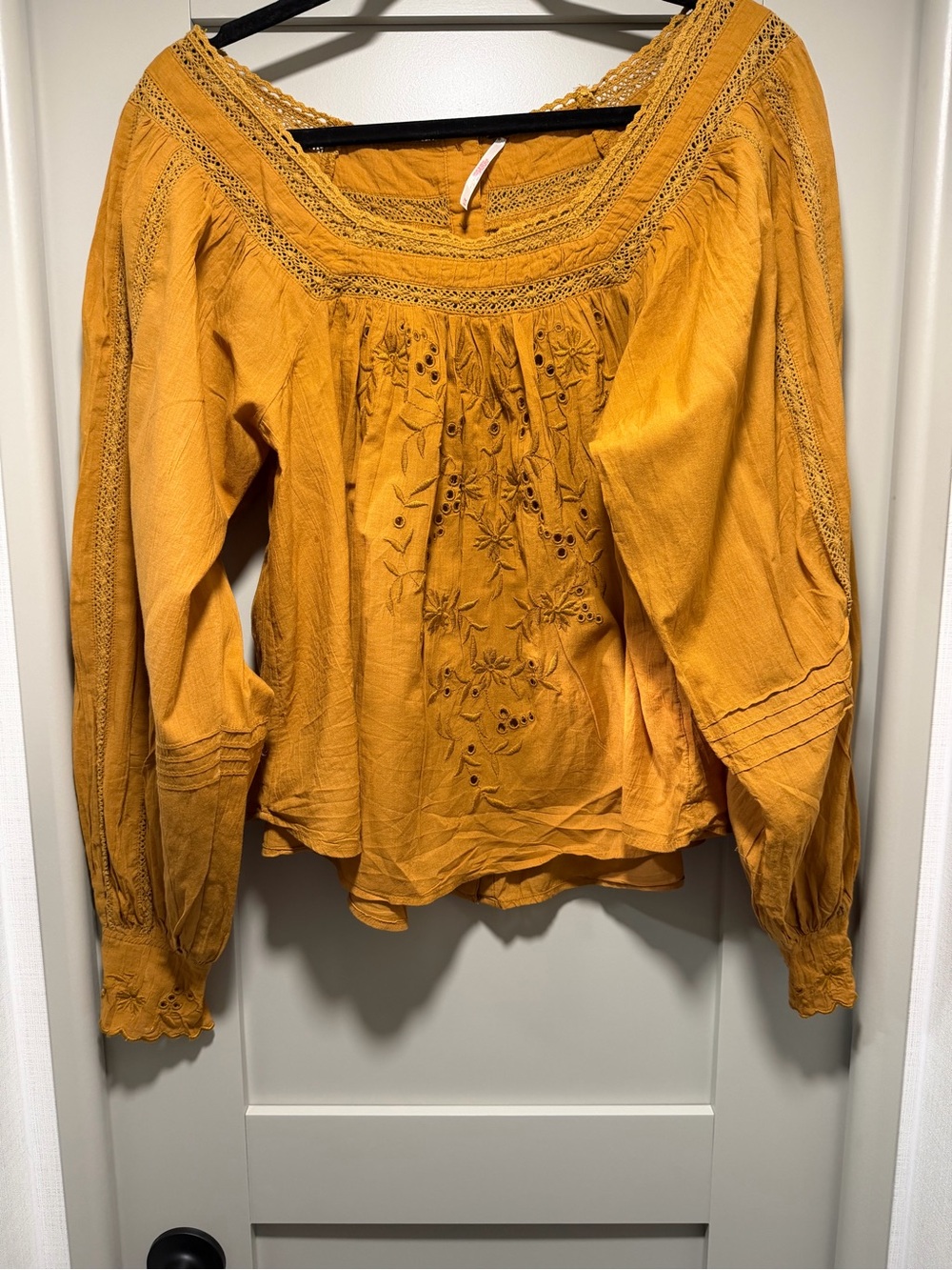 Free People Mustard Embroidered Peasant Top